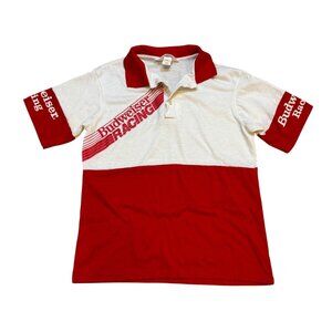 Vintage 80s Budweiser Racing Red & White Polo Shirt Size L USA